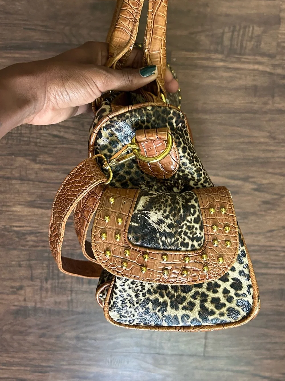 Leopard Print and Brown Studded Satchel Handbag